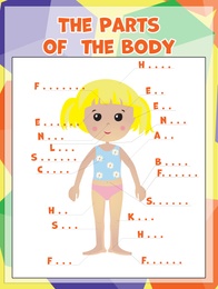 Illustration of Educational game for kids. Girl and first letters of body parts names, illustration