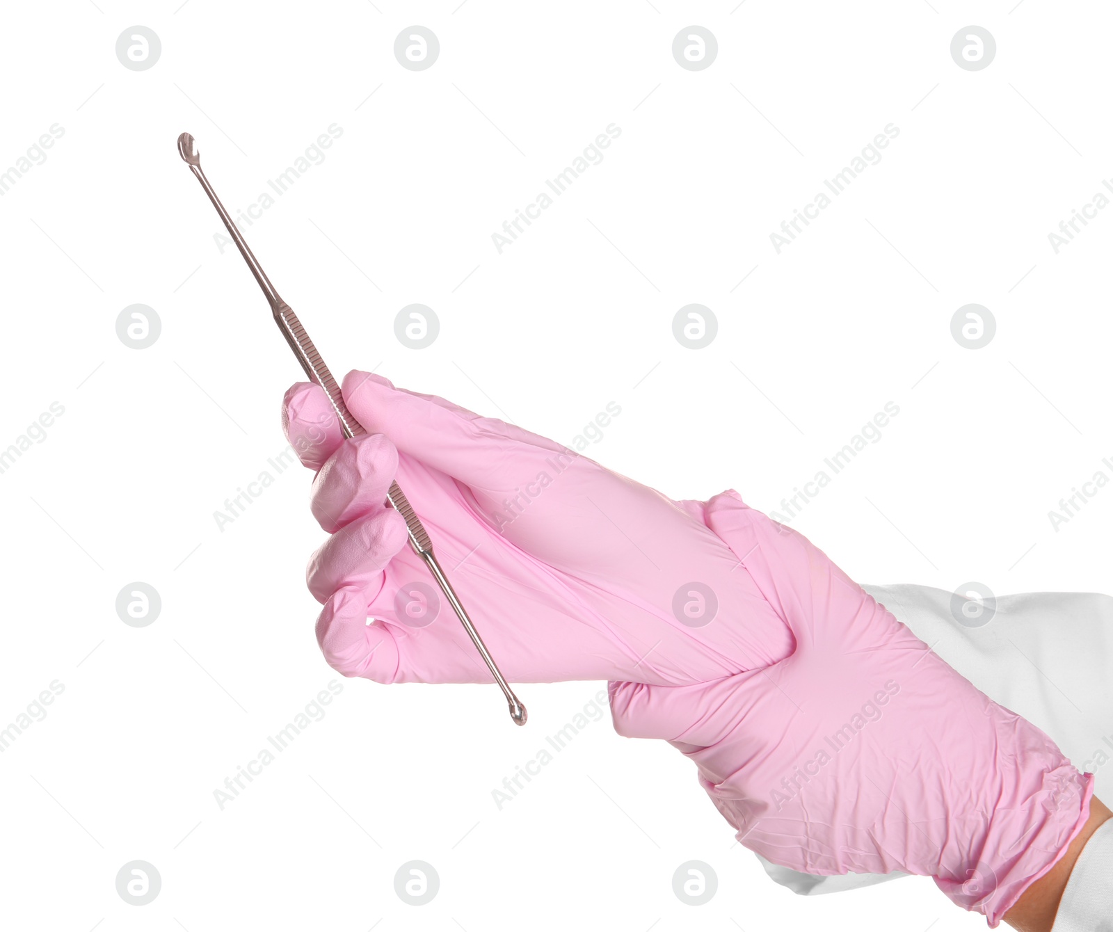 Photo of Doctor in sterile gloves holding medical instrument on white background