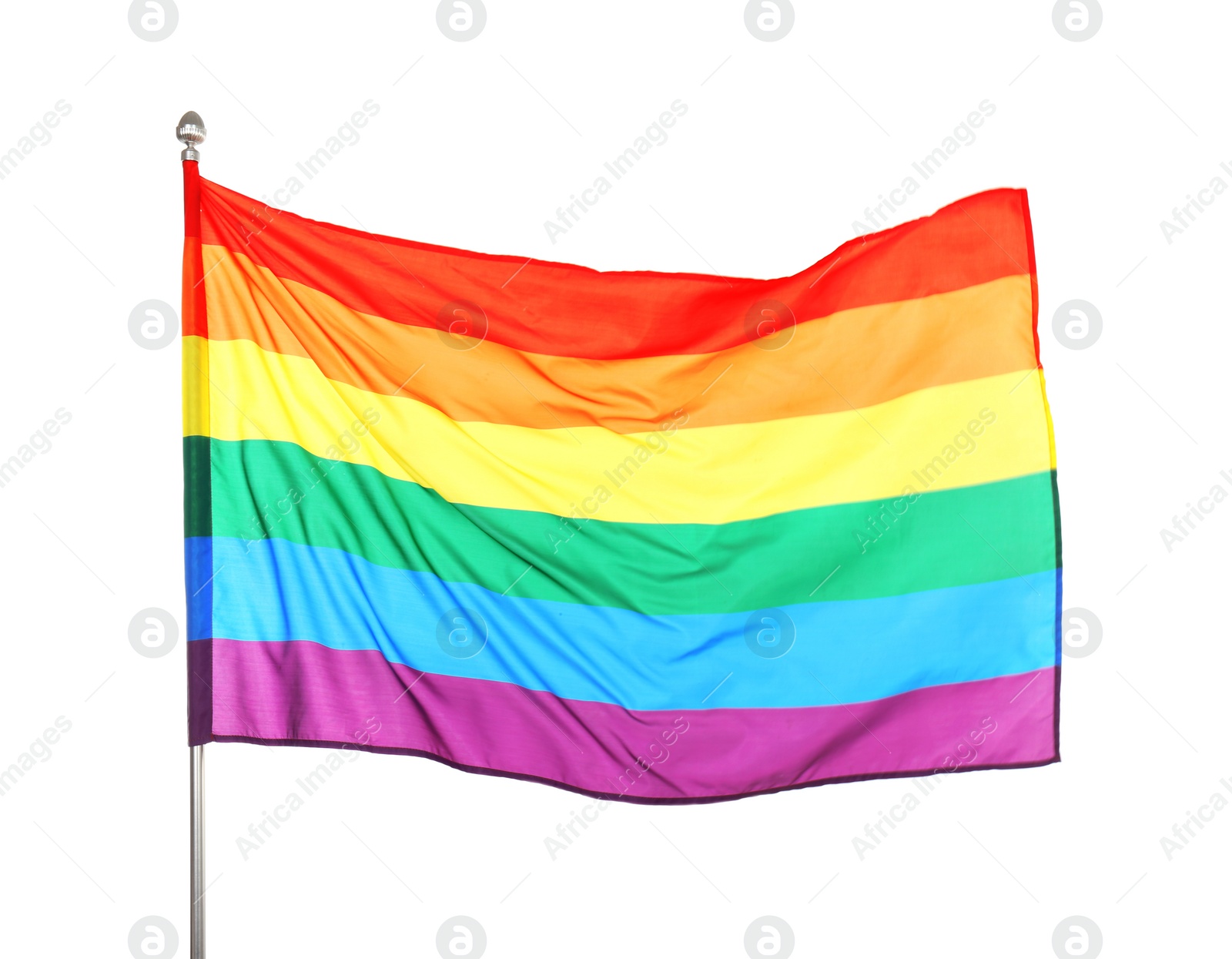 Photo of Rainbow LGBT flag fluttering on white background. Gay rights movement