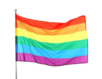 Photo of Rainbow LGBT flag fluttering on white background. Gay rights movement