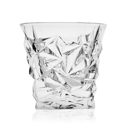 Photo of Clean empty whiskey glass isolated on white