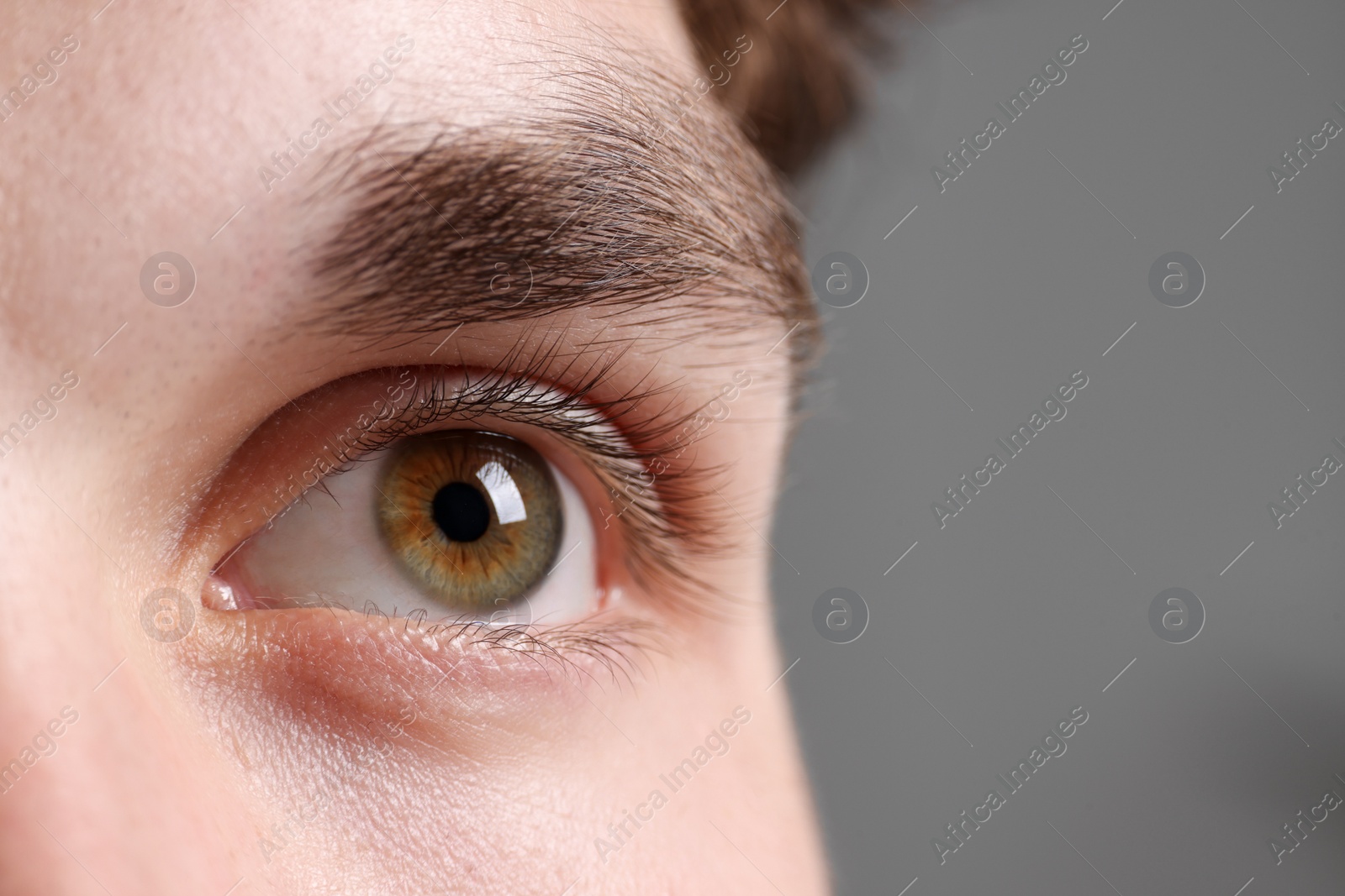 Photo of Man with beautiful eyes on blurred background, closeup. Space for text