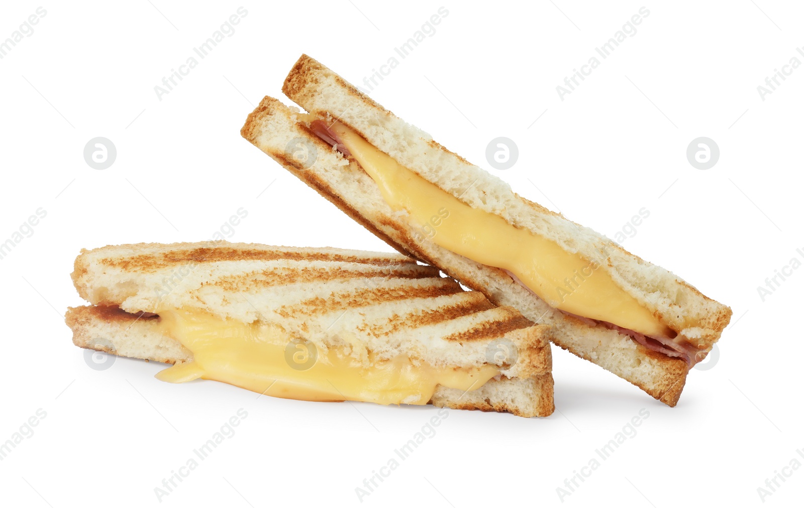 Photo of Tasty sandwiches with ham and melted cheese isolated on white