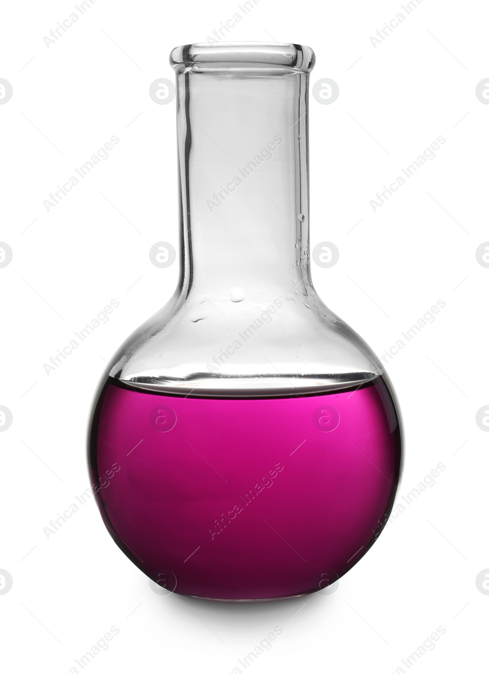 Image of Glass boiling flask with purple liquid sample isolated on white. Laboratory analysis