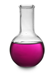 Image of Glass boiling flask with purple liquid sample isolated on white. Laboratory analysis