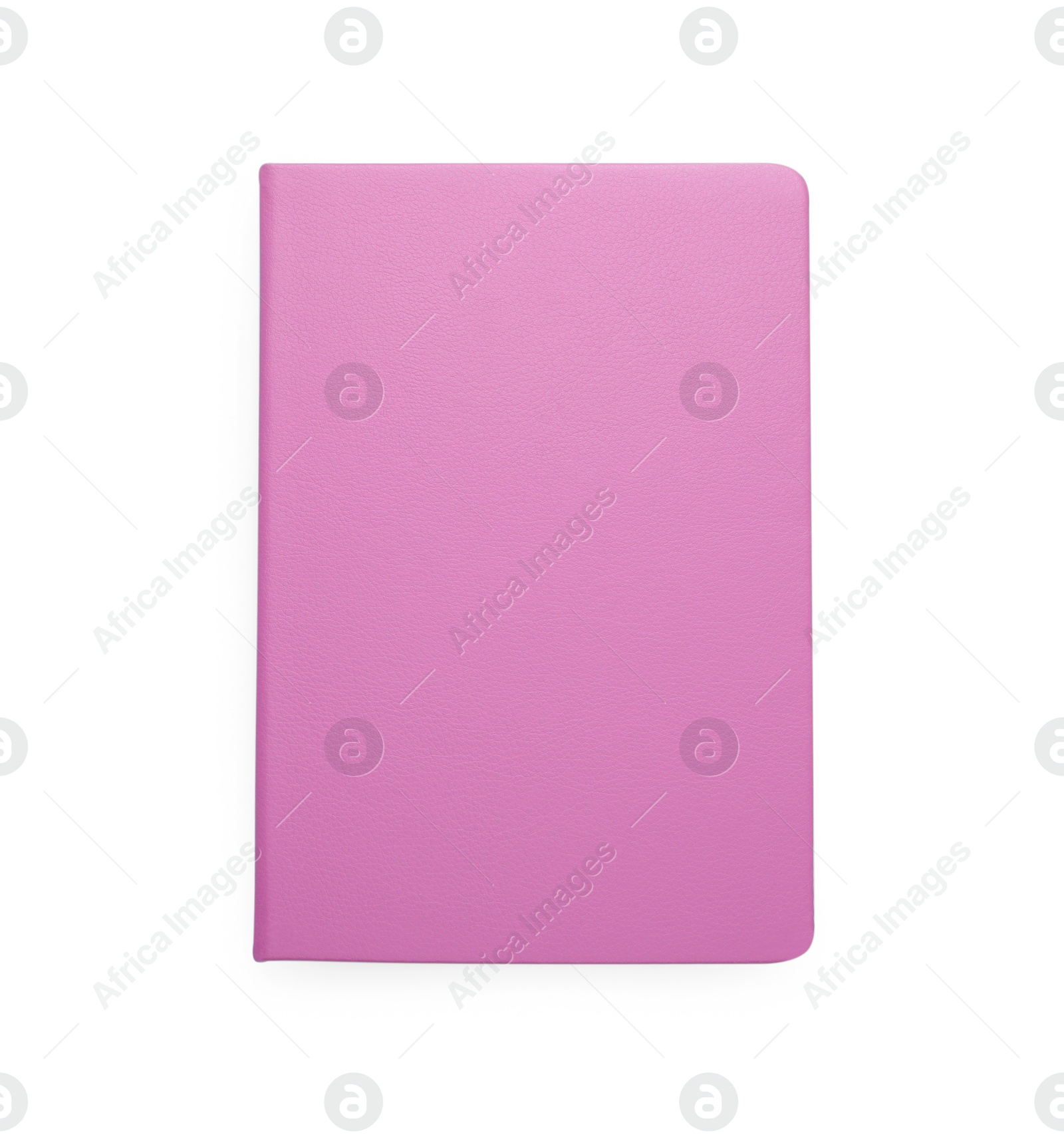 Photo of Closed pink office notebook isolated on white, top view