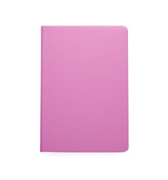 Photo of Closed pink office notebook isolated on white, top view