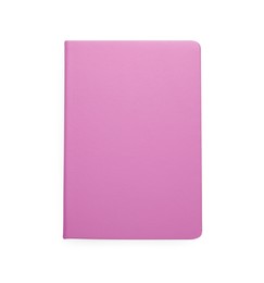 Closed pink office notebook isolated on white, top view