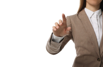 Photo of Businesswoman touching something on white background, closeup