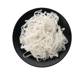 Photo of Plate with rice noodles on white background, top view