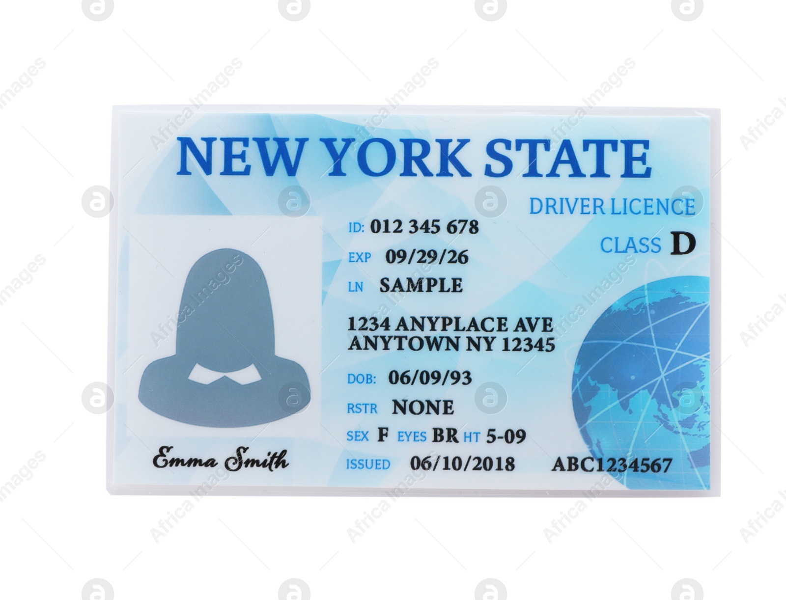 Illustration of American driving license on white background, top view