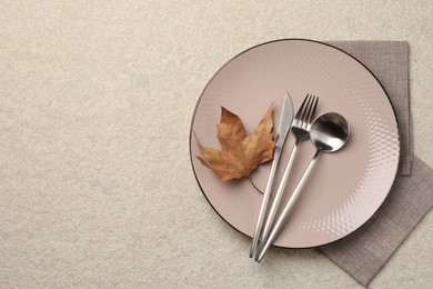 Photo of Stylish table setting with cutlery and dry leaf on light surface, top view. Space for text
