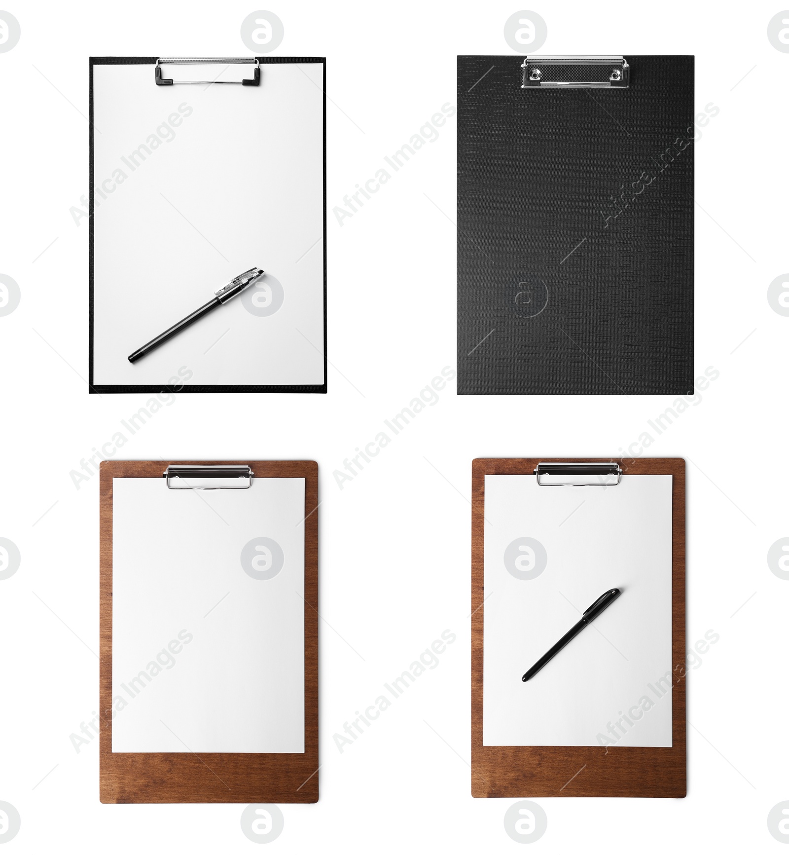 Image of Different clipboards on white background, top view