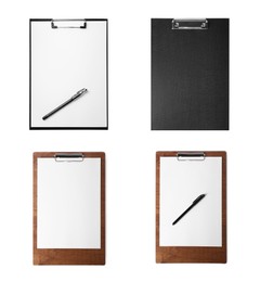 Image of Different clipboards on white background, top view