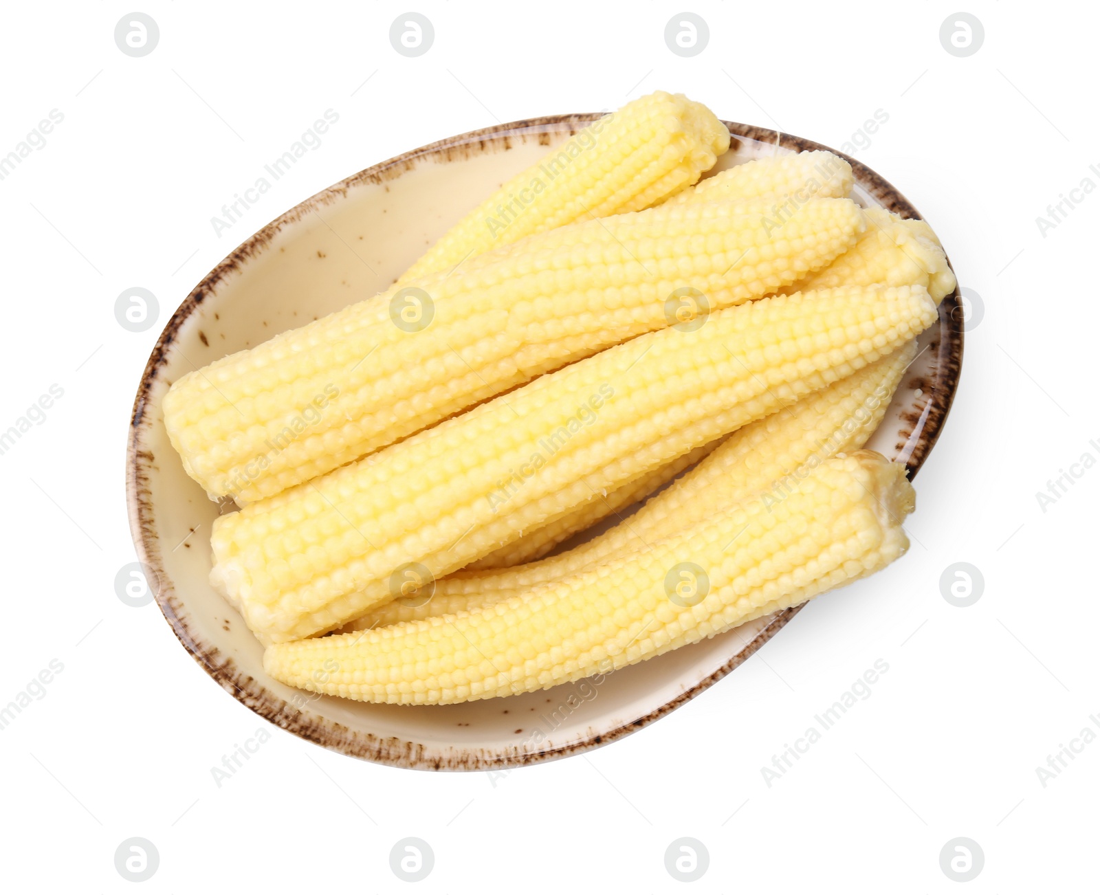 Photo of Tasty fresh yellow baby corn in bowl isolated on white, top view