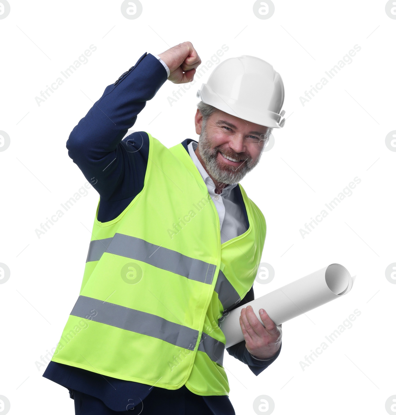 Photo of Architect in hard hat holding draft on white background