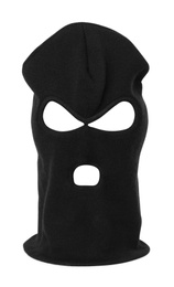 Photo of Black knitted balaclava isolated on white. Cloth headwear