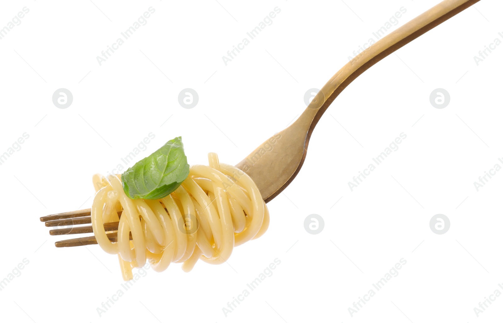 Photo of Fork with tasty pasta and basil isolated on white