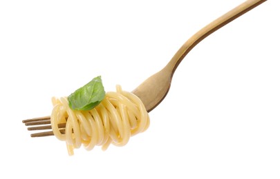 Photo of Fork with tasty pasta and basil isolated on white