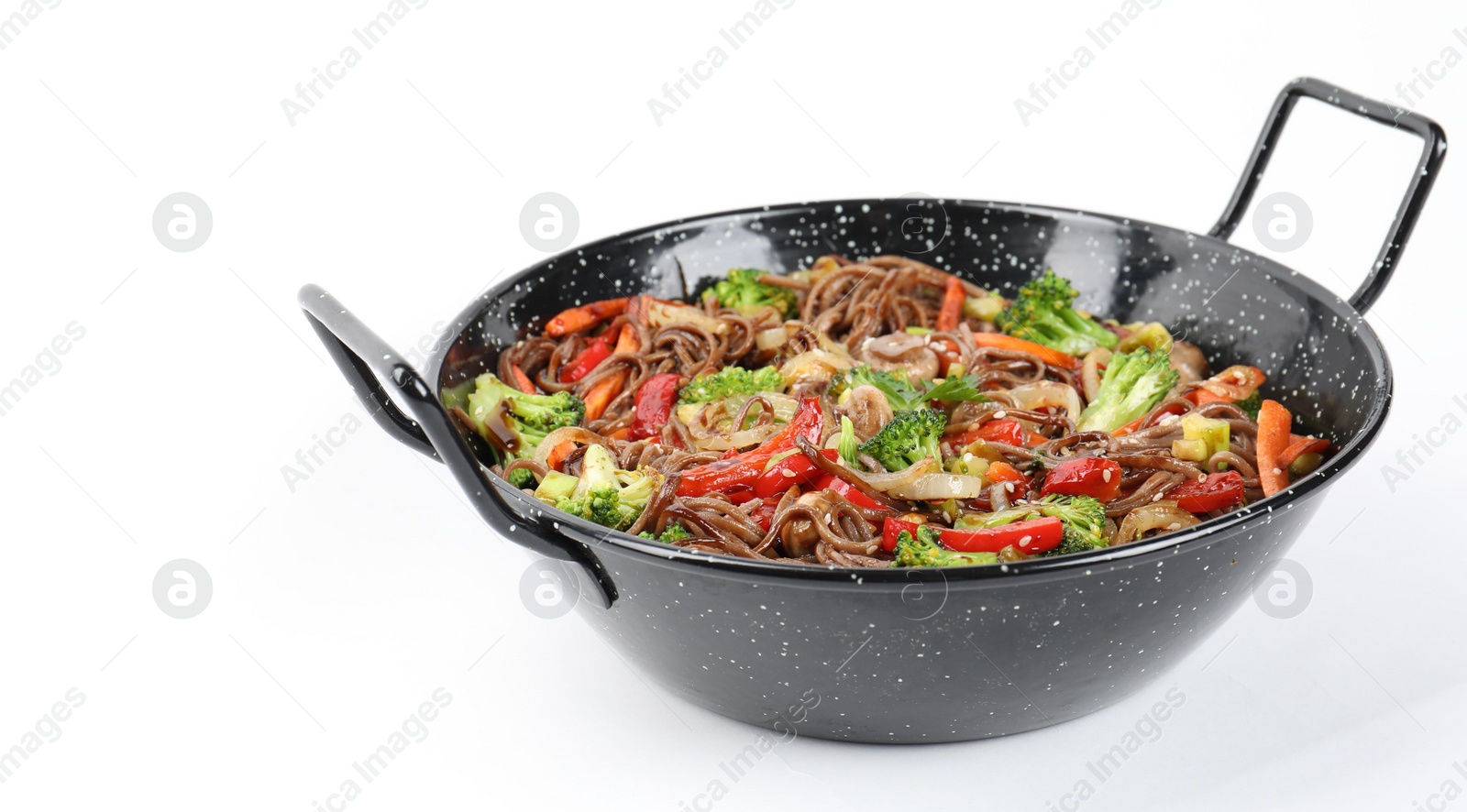 Photo of Stir-fry. Tasty noodles with meat and vegetables in wok on white background