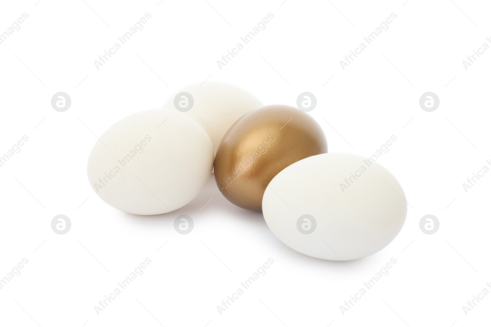 Photo of Golden egg among ordinary ones on white background