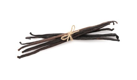Photo of Many aromatic vanilla pods isolated on white, top view