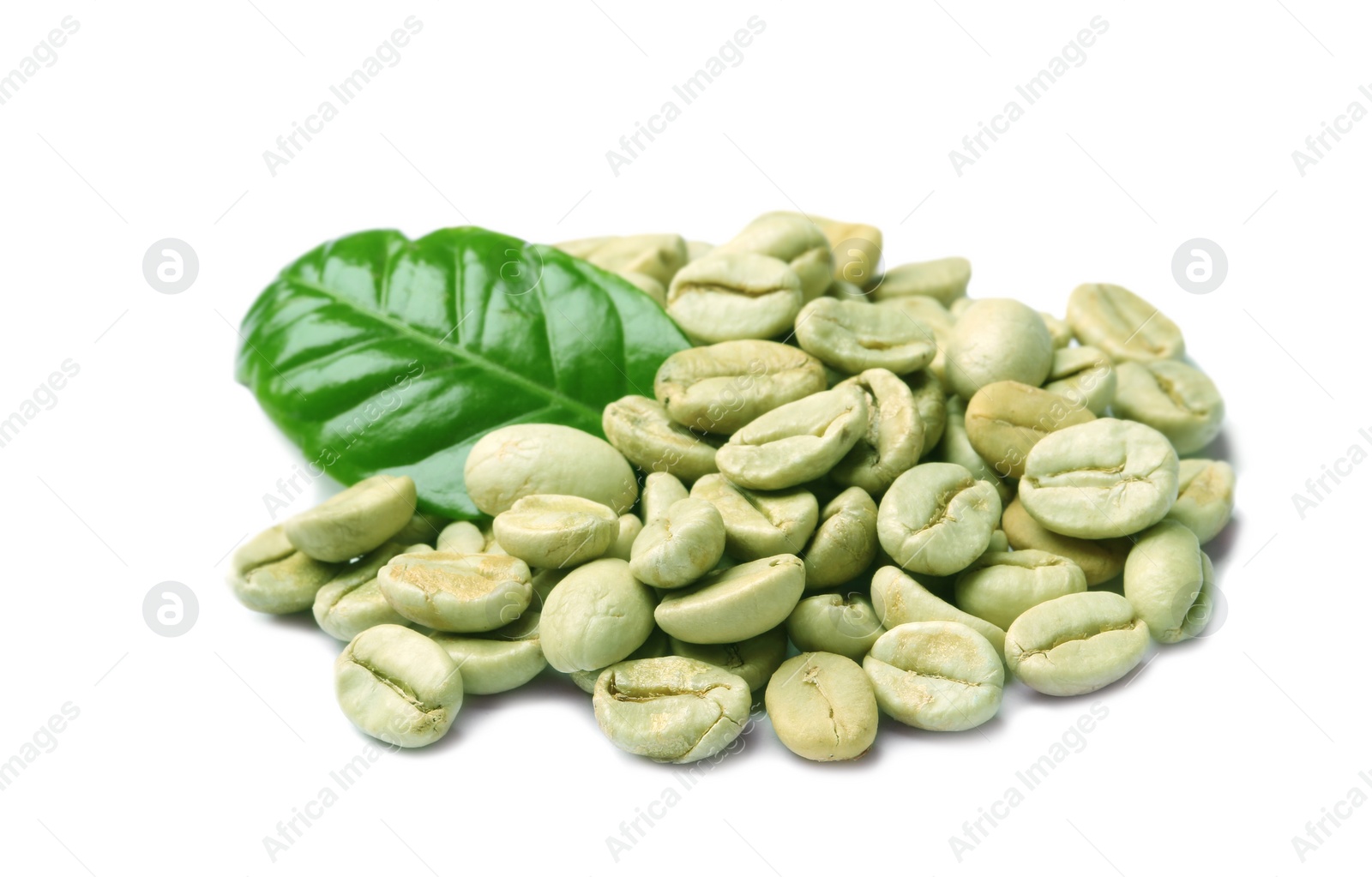 Photo of Green coffee beans and fresh leaf on white background