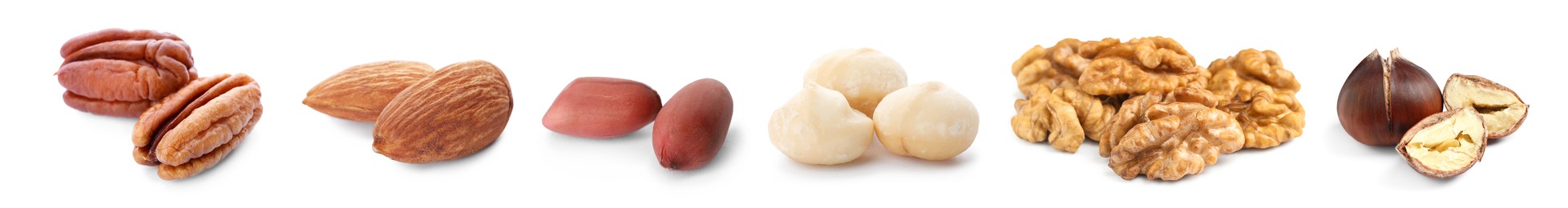 Image of Set with different tasty nuts on white background. Banner design
