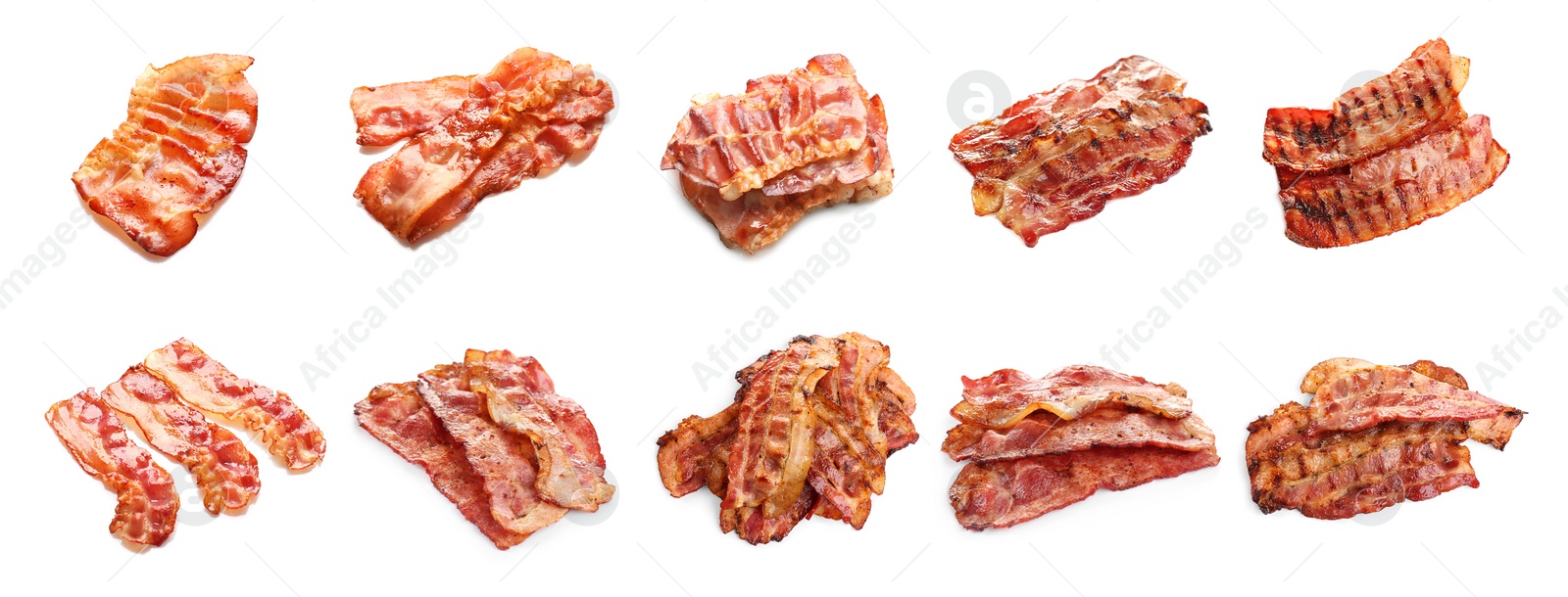 Image of Set with tasty fried bacon slices on white background. Banner design