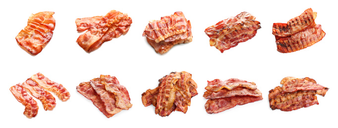 Image of Set with tasty fried bacon slices on white background. Banner design