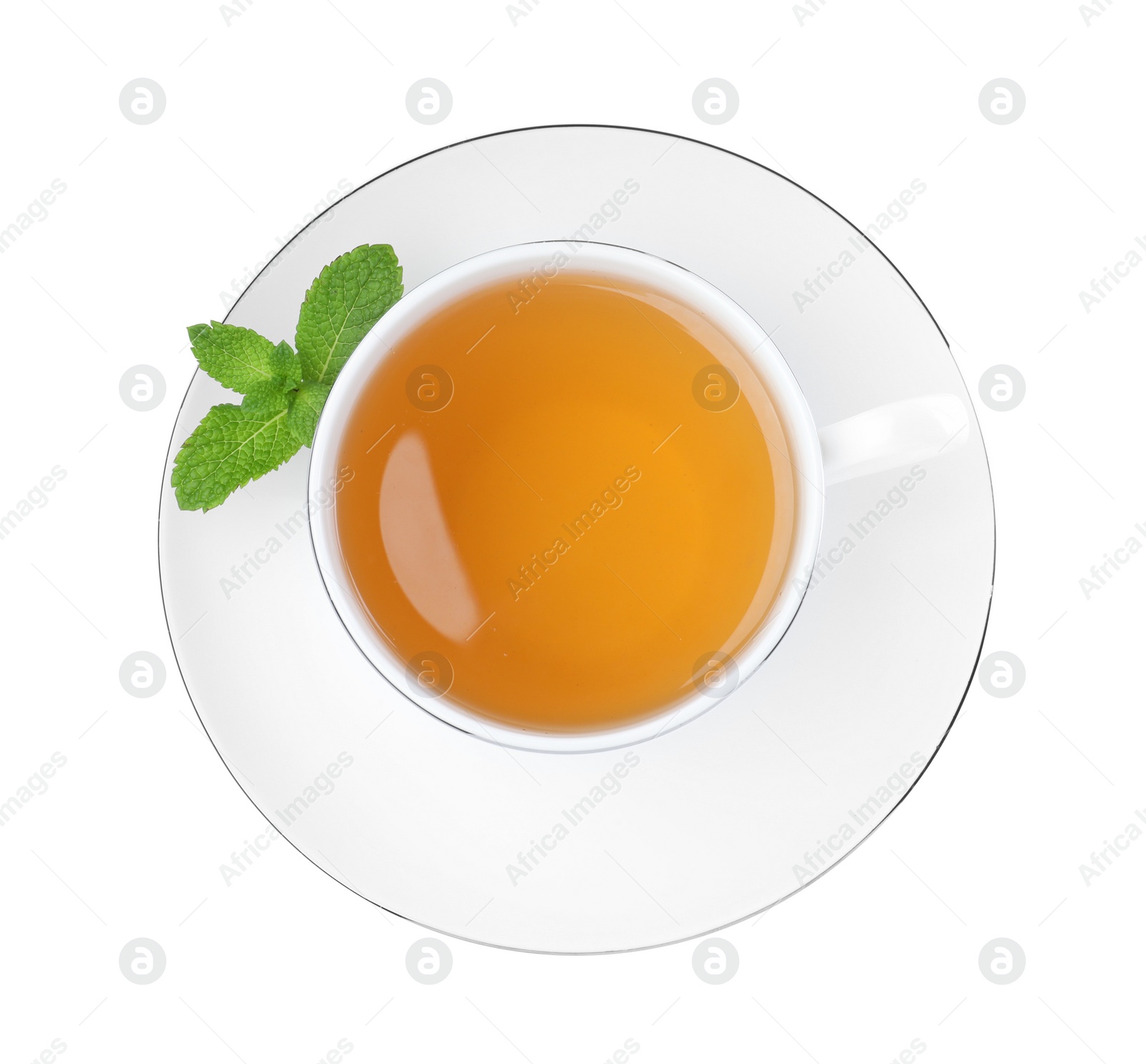 Photo of Cup of aromatic green tea with fresh mint on white background, top view