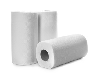 Photo of Rolls of paper tissues on white background