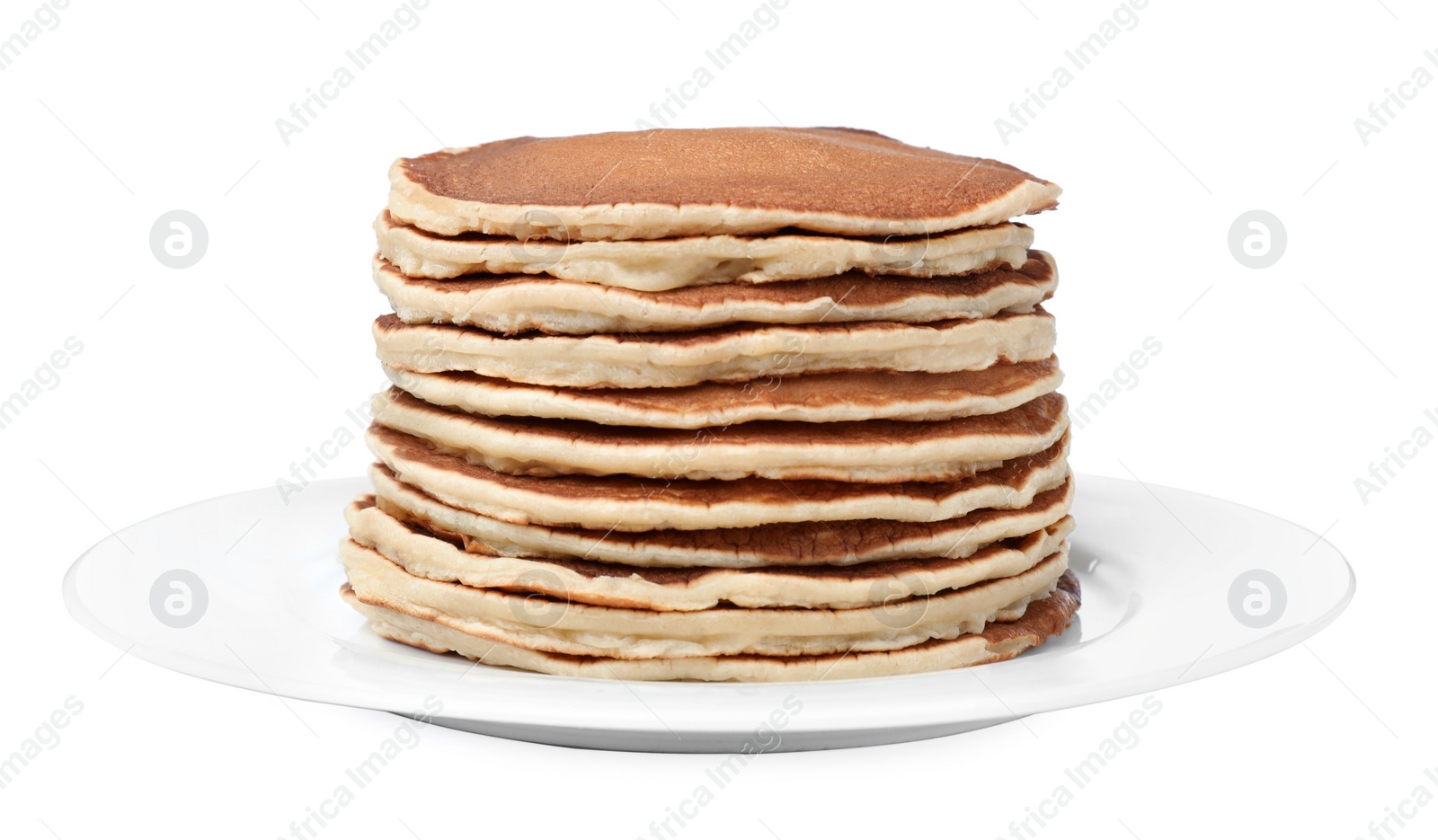 Photo of Stack of hot tasty pancakes on white background