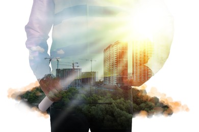 Image of Engineer with hard hat and cityscape, double exposure