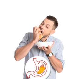 Image of Improper nutrition can lead to heartburn or other gastrointestinal problems. Man eating potato chips on white background. Illustration of stomach with lava as acid indigestion
