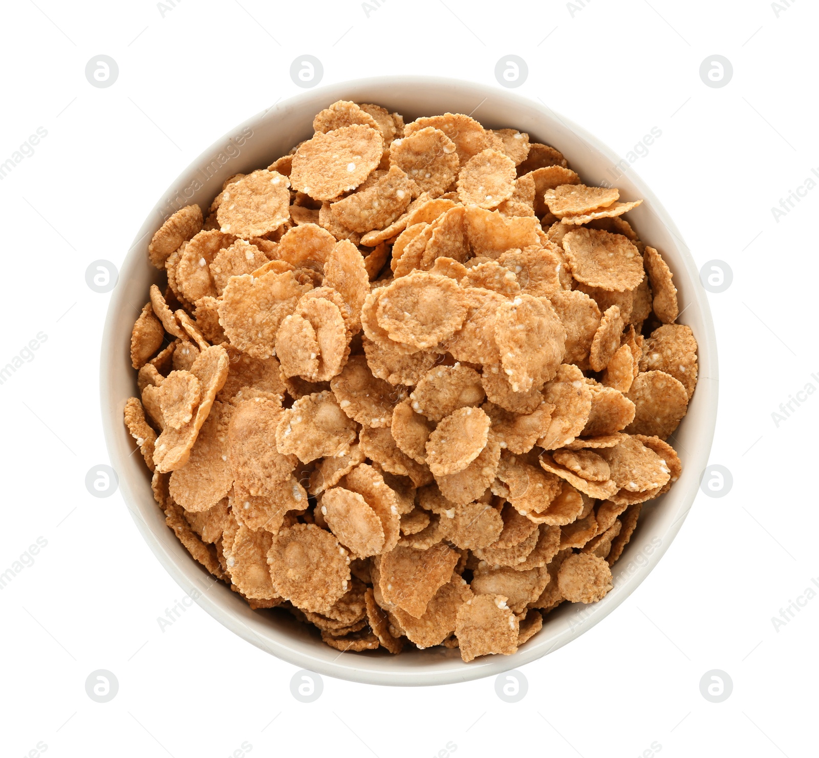 Photo of Bowl with wheat flakes on white background. Healthy grains and cereals