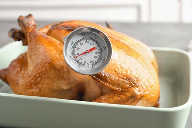 Roasted turkey with meat thermometer in baking dish