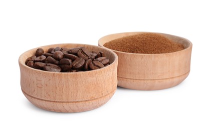 Bowls of ground coffee and beans on white background