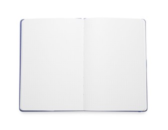 Photo of Open blank office notebook isolated on white, top view