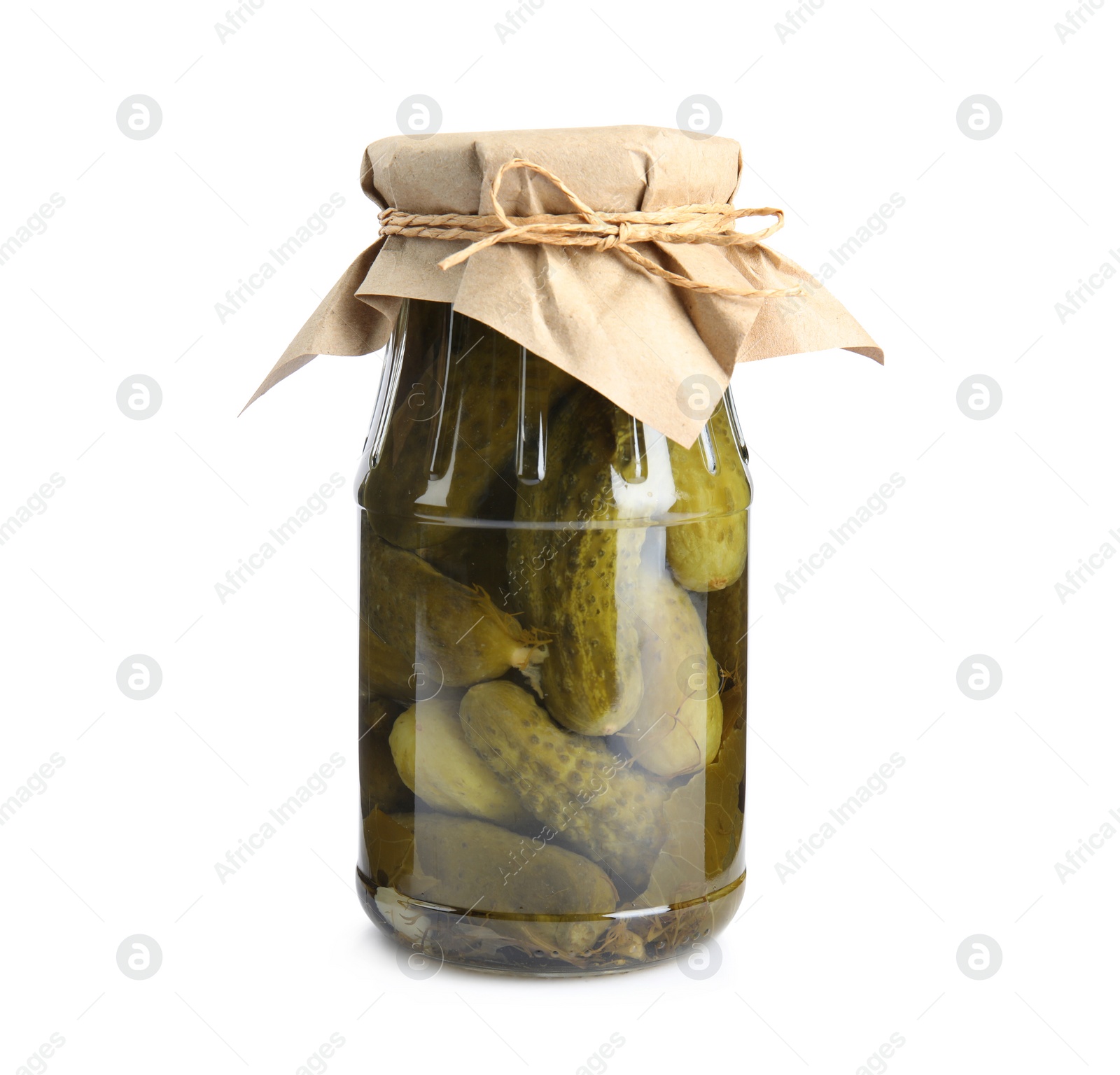 Photo of Jar with pickled cucumbers on white background