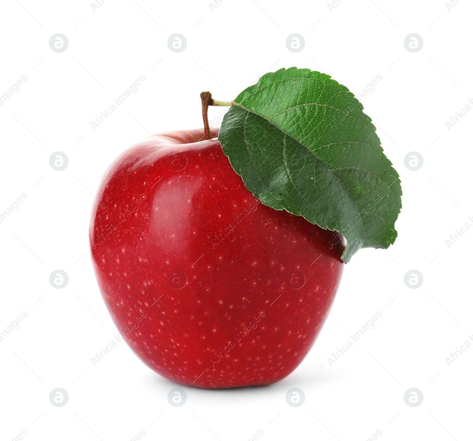 Photo of Juicy red apple with green leaf on white background