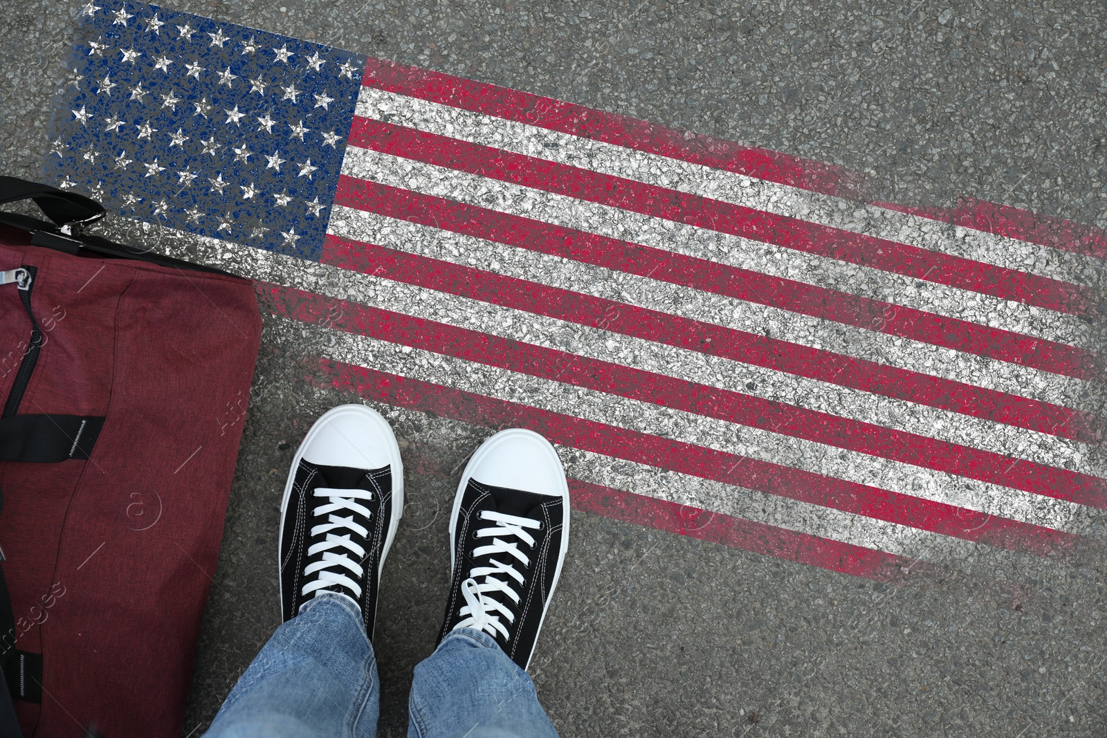 Image of Immigration. Man with bag standing on asphalt near flag of USA, top view