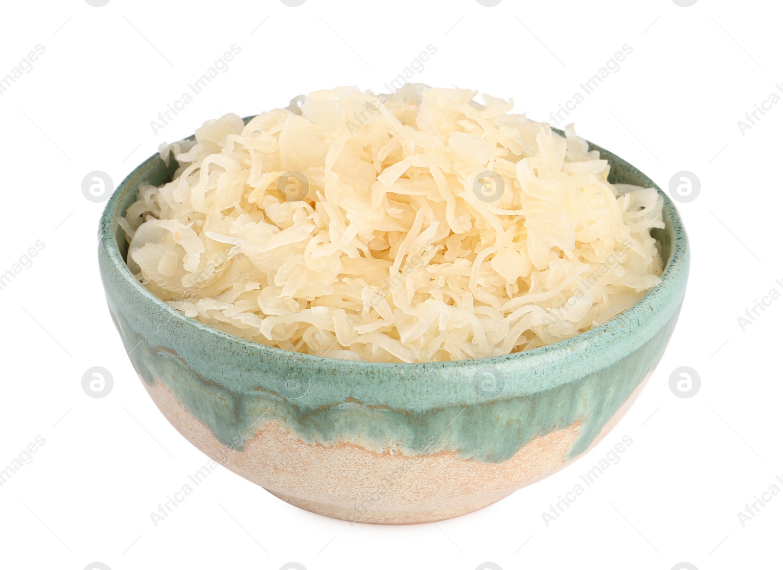 Photo of Bowl of tasty sauerkraut on white background