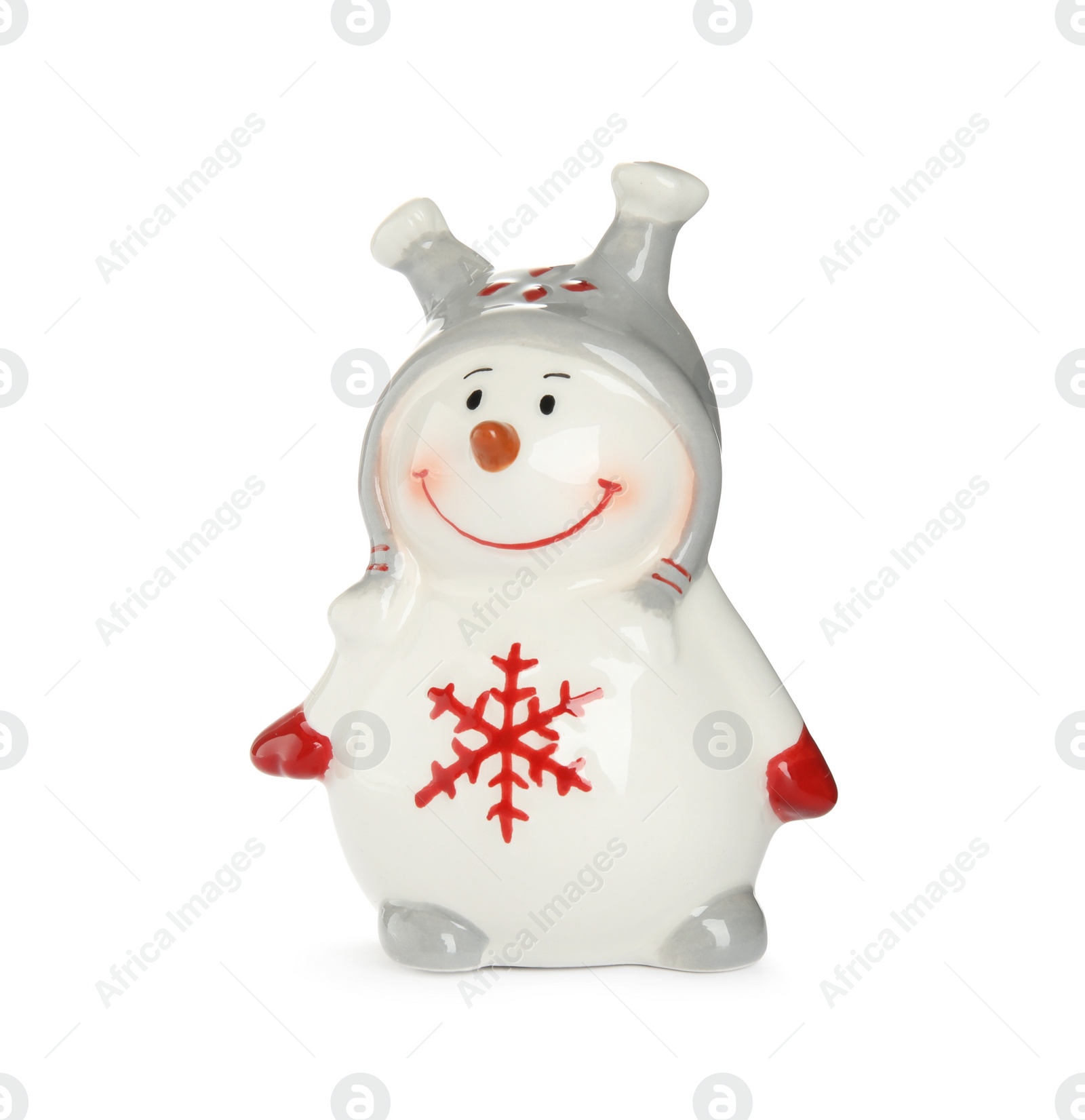 Photo of Funny ceramic snowman isolated on white. Christmas decoration