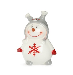 Photo of Funny ceramic snowman isolated on white. Christmas decoration