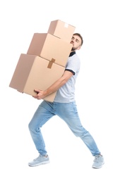 Photo of Full length portrait of young man carrying carton boxes on white background. Posture concept