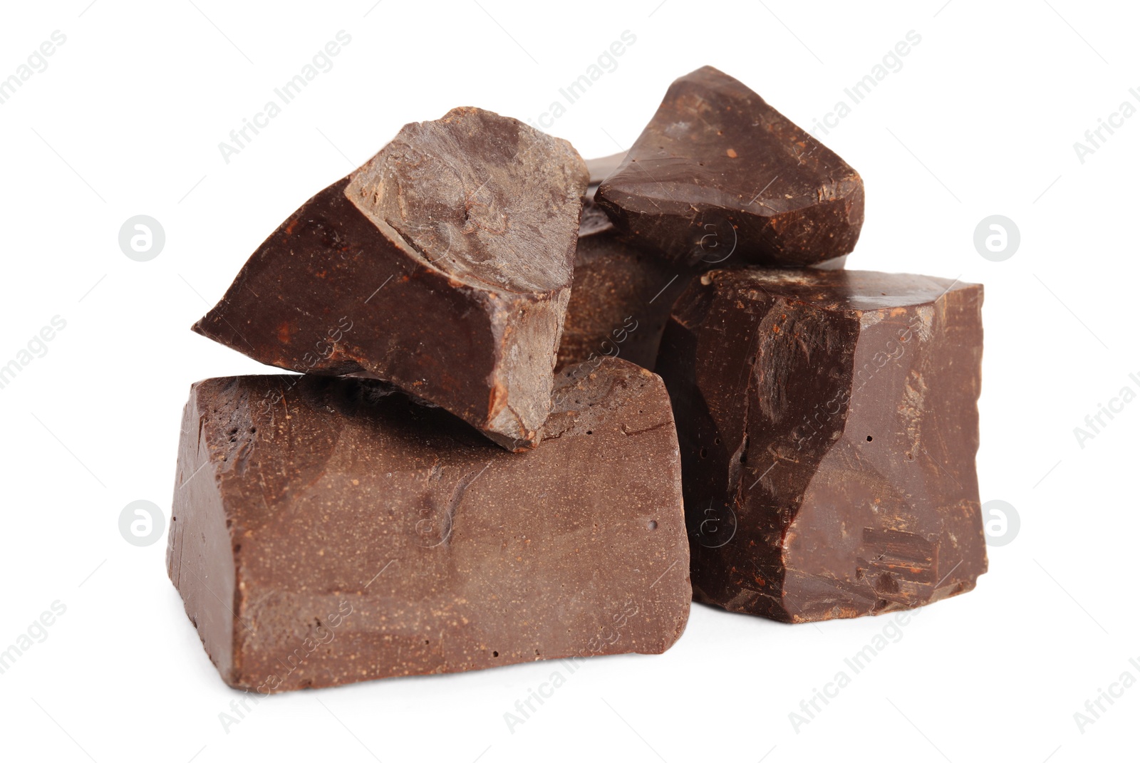 Photo of Pieces of tasty chocolate on white background