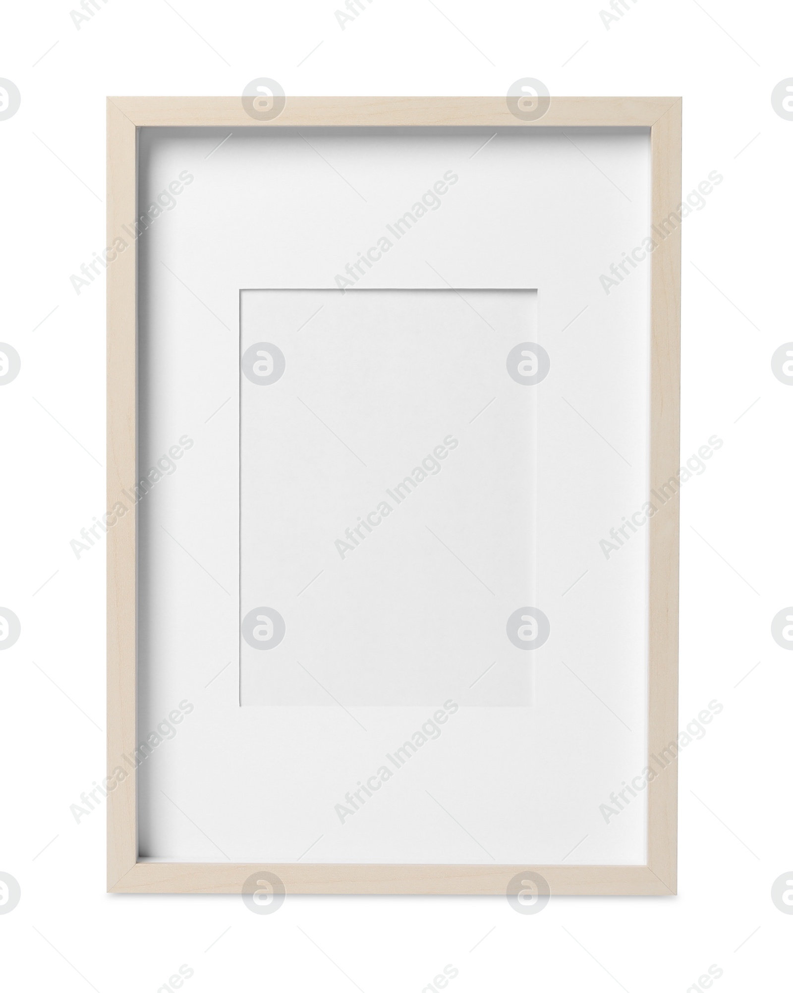 Photo of Empty wooden frame on white background. Space for design