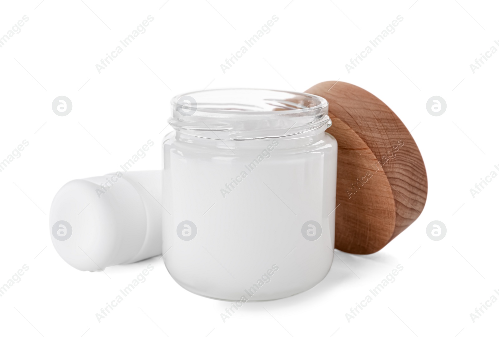 Photo of Jar and tube of hand cream on white background