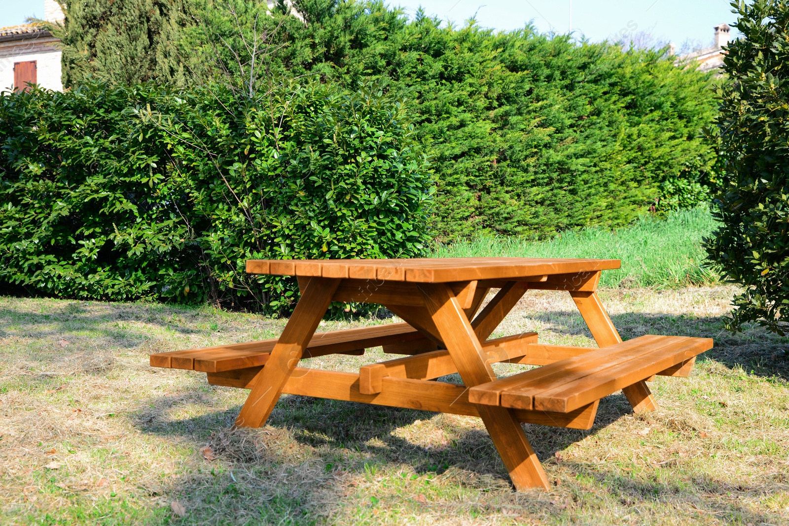 Photo of Empty wooden picnic table with benches in park on sunny day